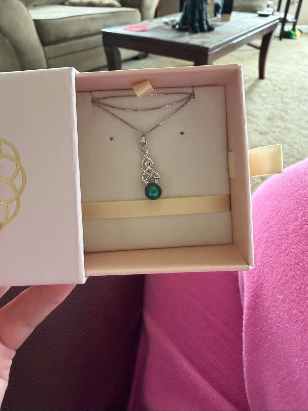 Sterling Silver Celtic Knot Necklace with Emerald Green Pearl